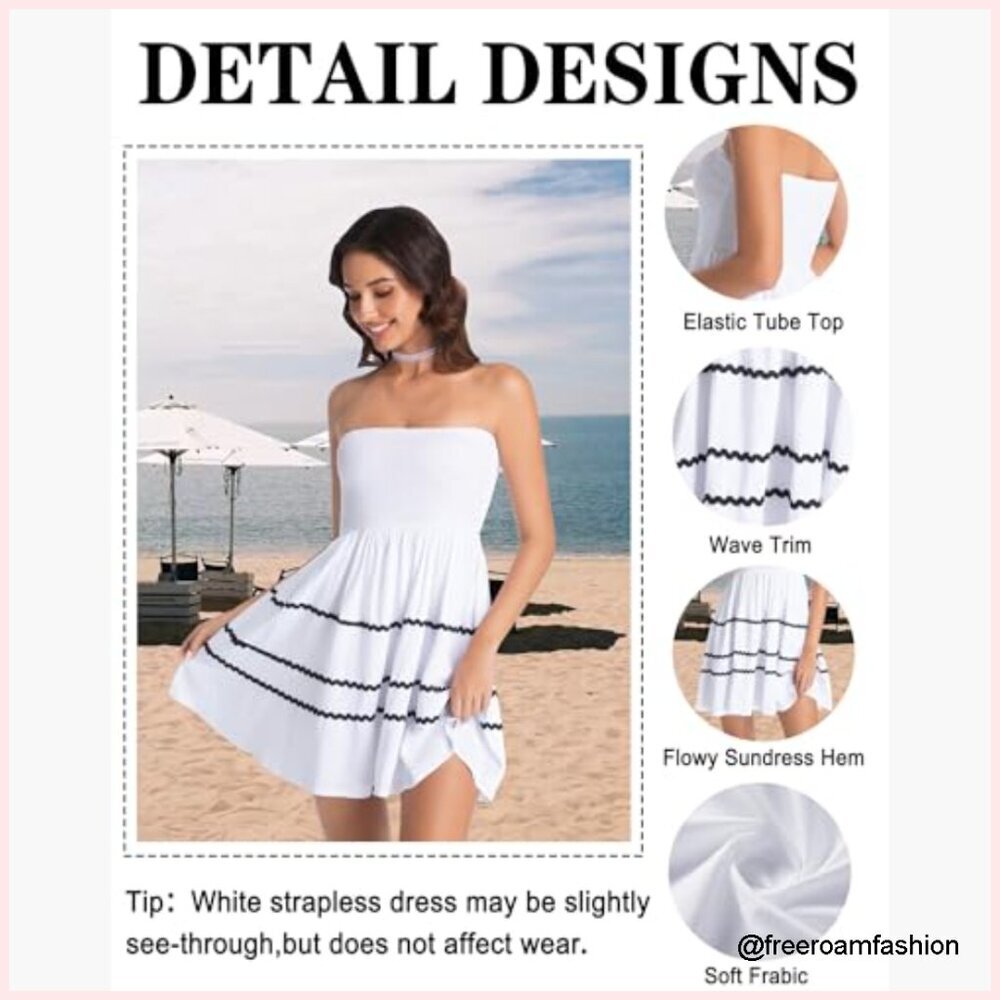 Strapless Mini Dress Fitted Top Flowy Skirt Summer Beach Casual - Picture 5 of 7